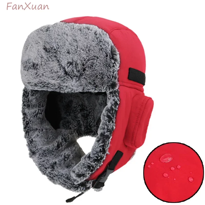 

Men's Winter Bomber Hats Waterproof Snow Cap Women Winter Hats with Earflaps Thick Plush Fur Russian Cap Ushanka