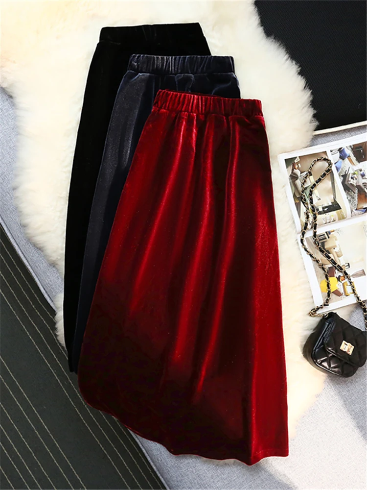 

Autumn Winter Velvet Women's Umbrella Skirts 2022 New High Waist Solid Fashioable Office Lady A-Line Midi Skirts Female