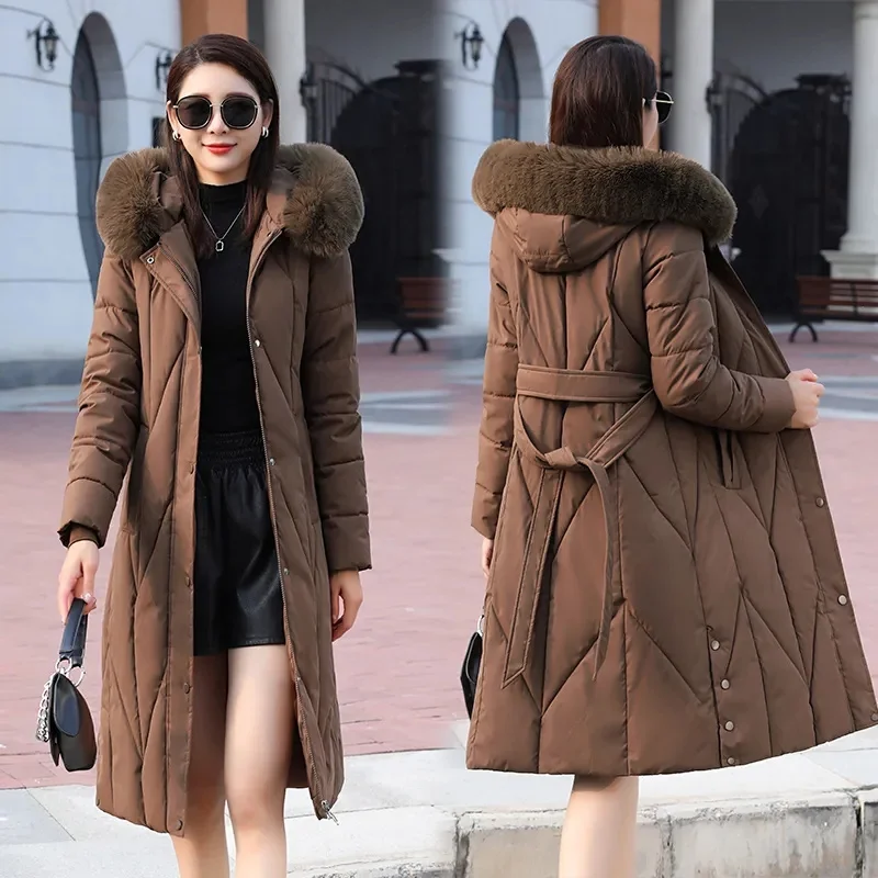 

2023 New Winter Women's Jacket Warm Thick Cotton Fur Collar Hooded Jacket Female Long Parkr Fashion Bread Jacket Outwear