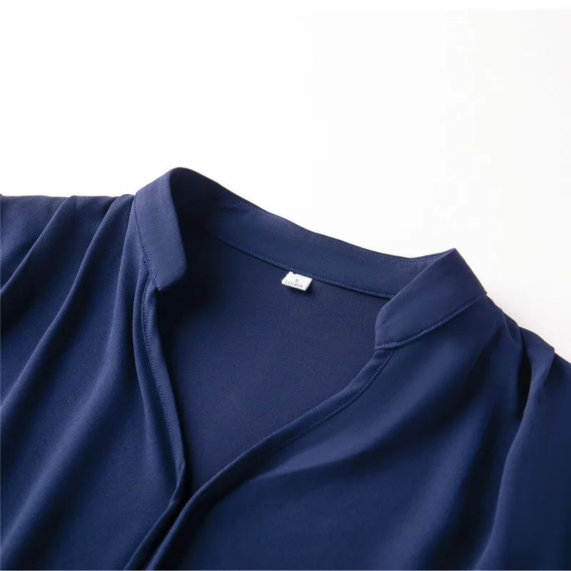 NAVIU Navy Blue Shirt Women New Autumn High End Temperament V Neck 