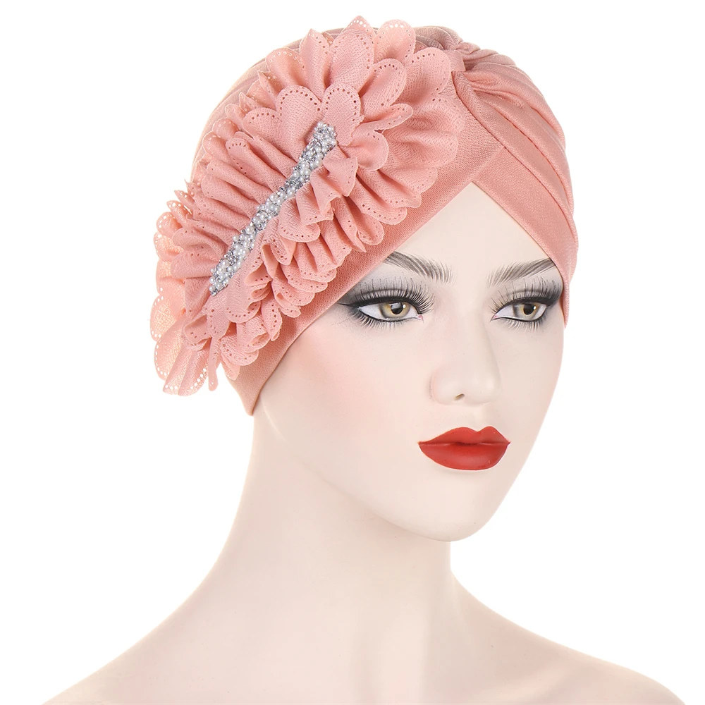 Flower Women Indian Muslim Chemo Hair Loss Cap Hijab Pearl Beads Turban Headwear Wrap Scarf Arab Islamic Bonnet Cover Cancer Hat