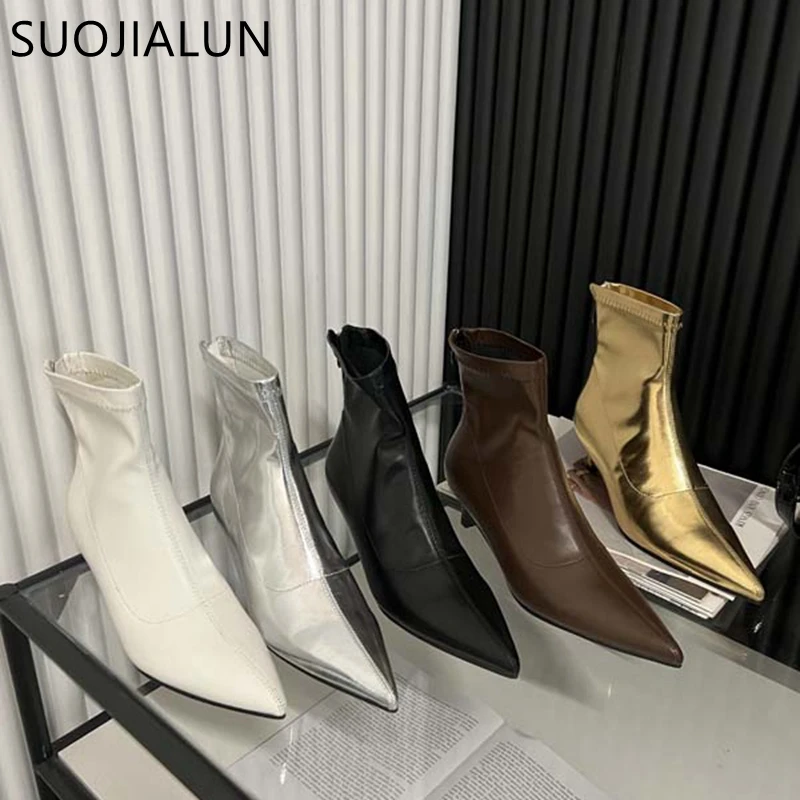 

SUOJIALUN New Brand Women Ankle Boots Fashion Pointed Toe Back Zip Ladies Elegant Short Boots Thin Low Heel Chelsea Shoes