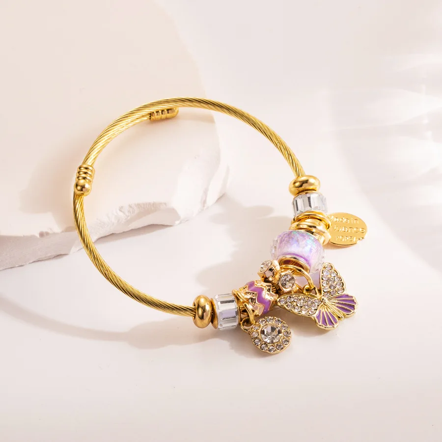 

Women Stainless Steel Butterfly Beads Charm Bracelet Bangles Jewelry Gift