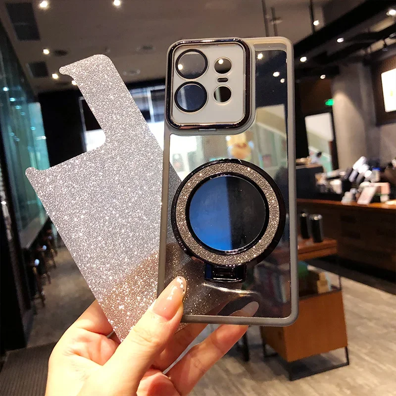 Glitter Magnetic Silicone Soft Case with Mirror Stand and Protector Cover