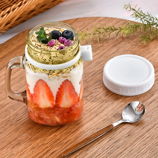 2pcs Glass Oatmeal Cup With Aluminum Lid And Spoon, Leak-Proof