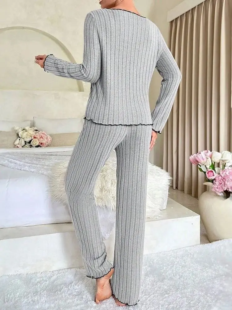 Autumn Winter Warm Plush Pajamas Set Women Long Sleeve Top and Trousers 2 Piece Set Casual Sleepwear Homewear Loungewear