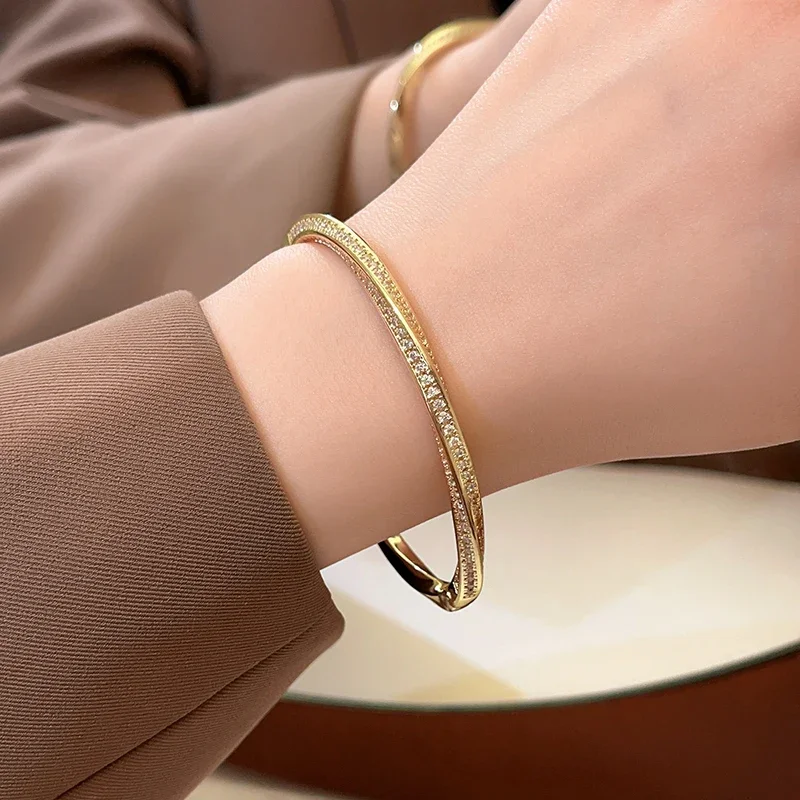 French Design Fashion Jewelry 14K Gold Plated Zircon Twist Closed Bracelet Women's Party Accessories bangle bracelet zircon bracelet