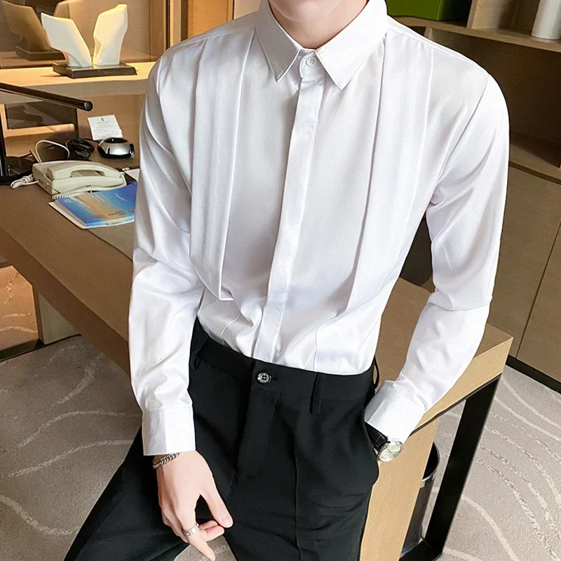

Autumn Spring Long Sleeve Solid Men Dress Shirt Fashion Turndown Collar Slim Fit Male Shirts Prom Party Gentleman Chemise Homme