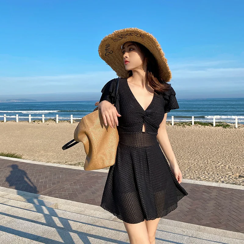 

One Piece Swimsuit Women Solid Skirt Swimwear Push Up Monokini Short Sleeve Swim Suit Ruffle Trikini Pad Bathing Suit Ruffles