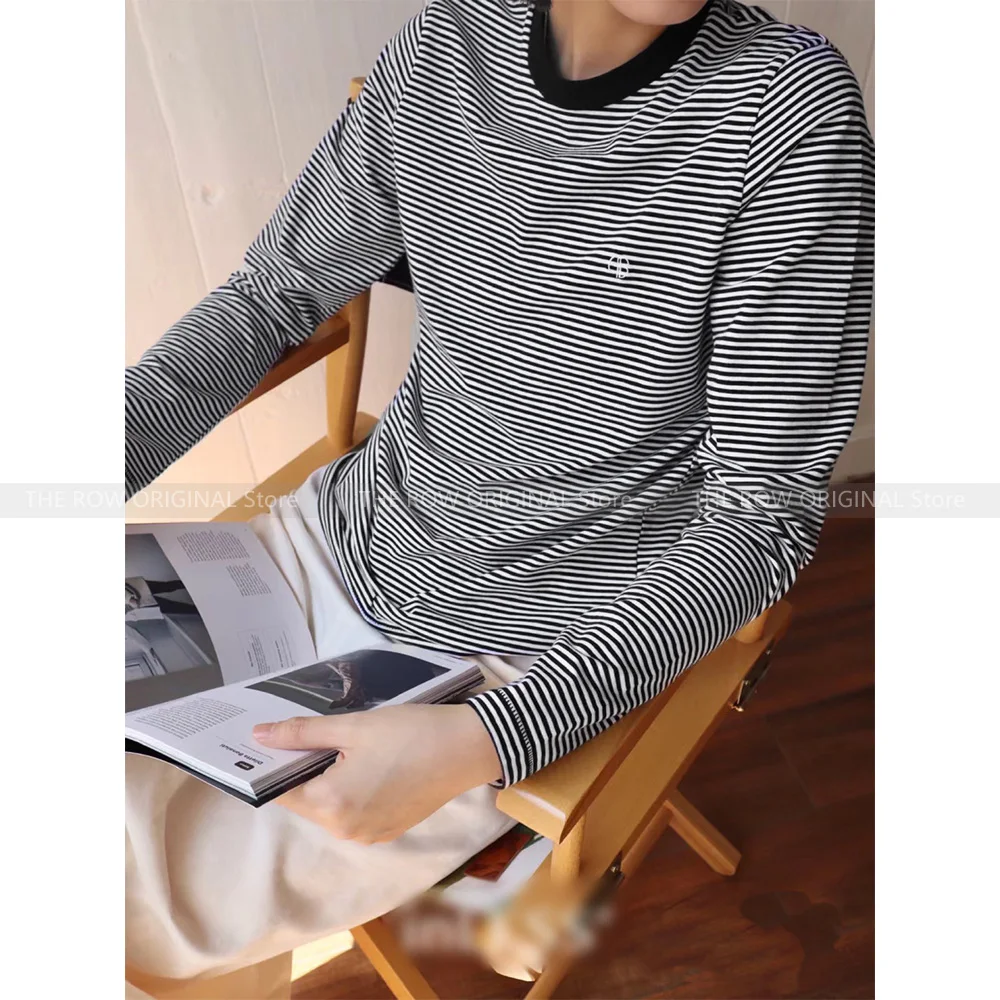 

23 Early autumn new niche classic models striped logo embroidery embroidery women's cotton round neck long sleeve T-shirt