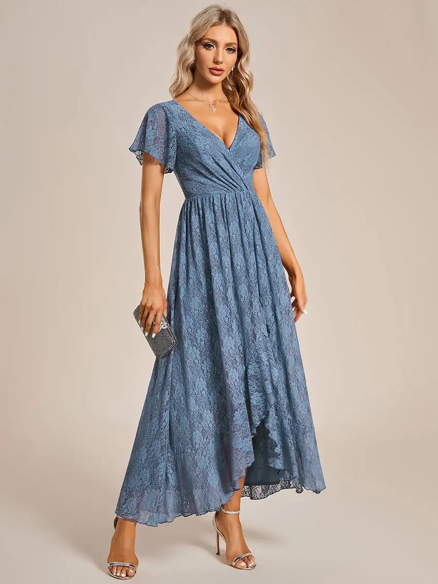 Gorgeous Evening Dresses  Deep V Neck Short See Through Sleeves Through  2024 Ever pretty of  A-Line Dusty NavyBridesmaid dress