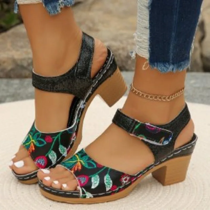 Women's Peep Toe Hihg Heel Sandals Summer Gladiator Shoes Chunky Heel Platform Women's Sandals Flower Ladies Heeled Shoes
