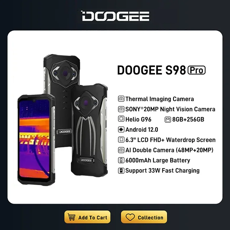 

DOOGEE S98 Pro 6.3" FHD Thermal Imaging Camera 20MP Night Vision Helio G96 Octa-Core 8GB+256GB 33W Fast Charge 6000mAh
