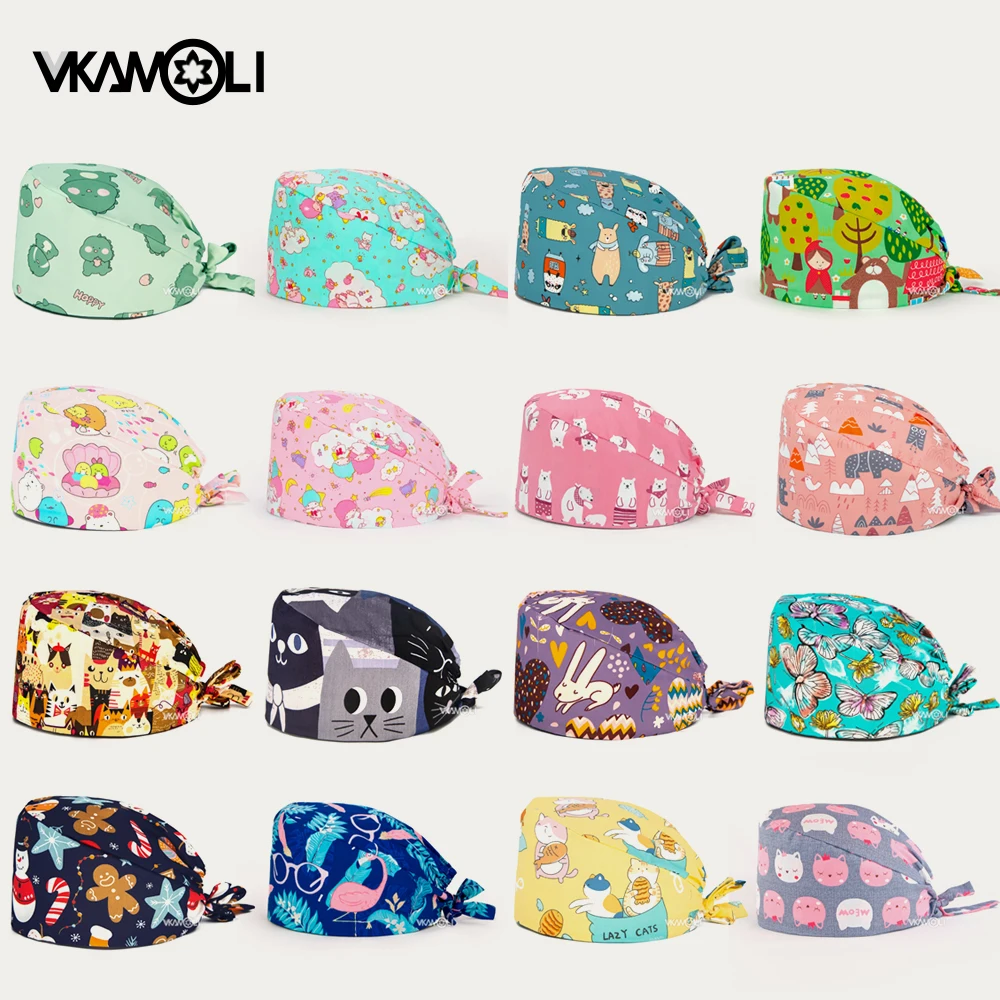 Cartoon Printed Cotton Medical Scrub Hats for Man and Women
