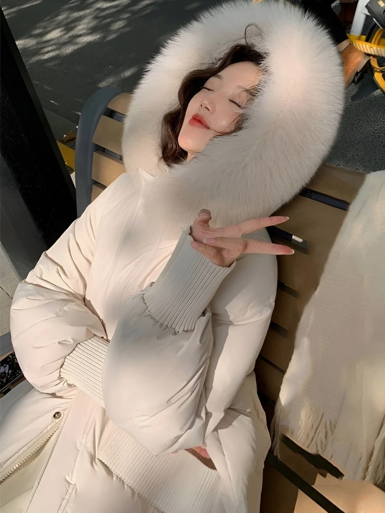 90% Long-Style Down Jacket Women Fall Winter 2023 New Long Sleeve Thicken Warm Loose Puff Jackets Chic with A Hood Coats