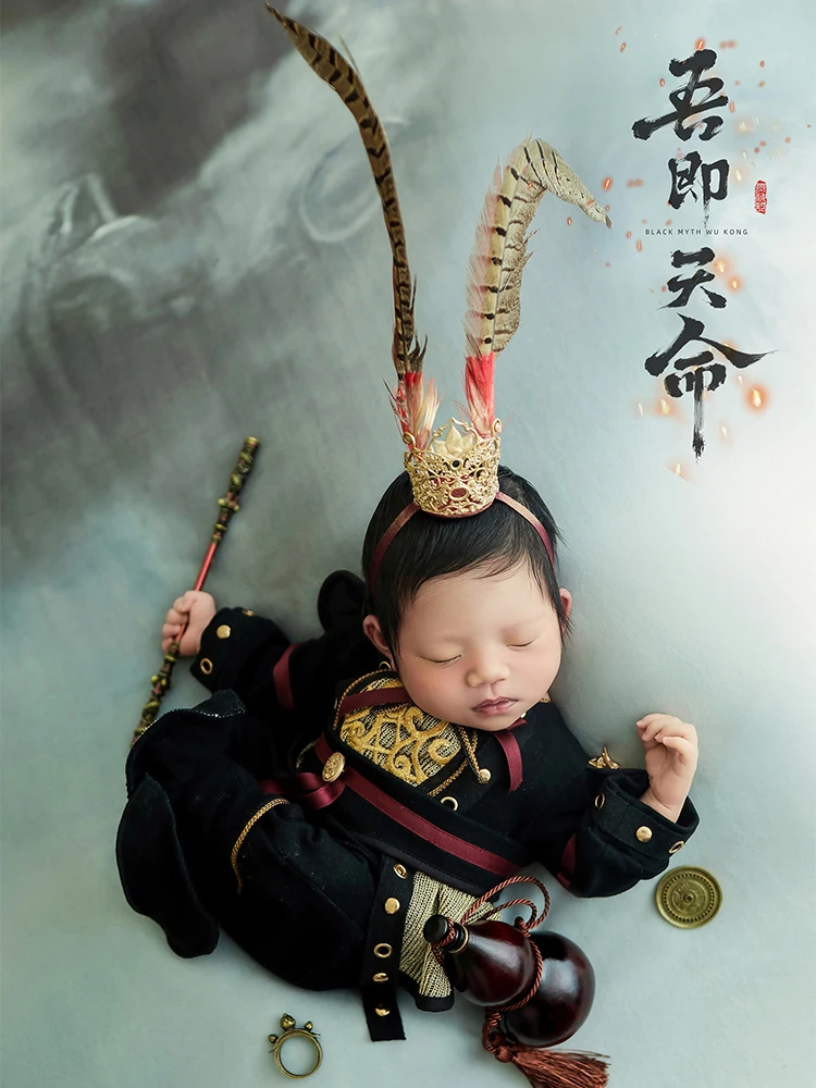 0-1 개월 사진 의류 Wukong 코스프레 의상 스튜디오 Goku 게임 테마 사진 복장 모자를 쓰고 있죠 장식 소품