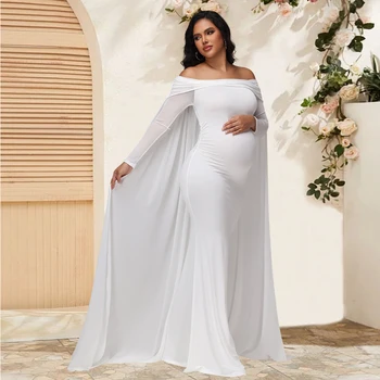 Maternity Mesh Long Sleeve Off Shoulder Chiffion Shawl Long Dress Photography Bodycon Mermaid Gown for Photoshoot Baby Shower