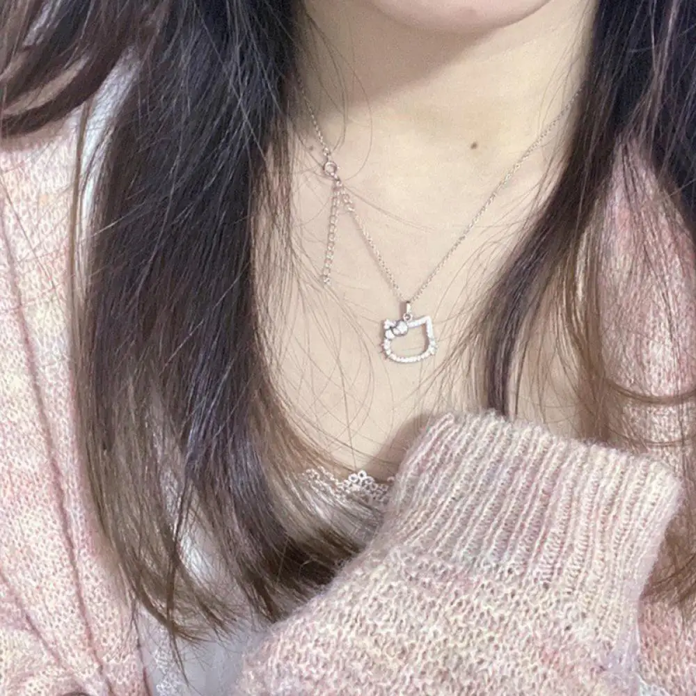 Sanrio Hello Kitty Halskette Anime Anhänger Doppelring Silber Schlüsselbein  Kette Diamant Freundin Charms Geklammerte Kette Schmuck Geschenk