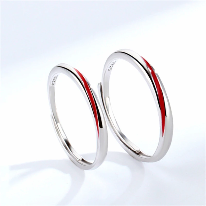 Creative Cute Red Line Couple 925 Sterling Silver Female Resizable Opening Rings RI598 3