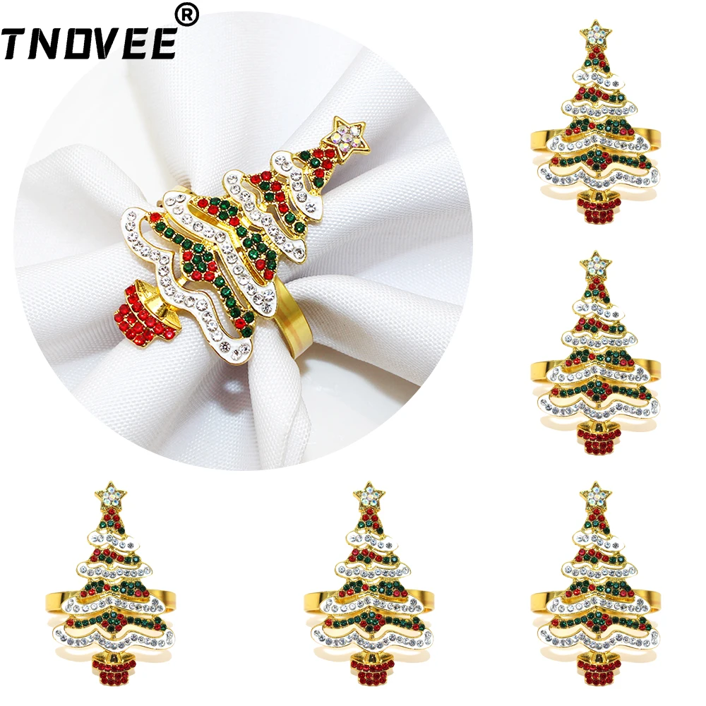

6Pcs Christmas Tree Napkin Rings for Winter Wedding Birthday Rhinestone Napkin Holders for Table Linens Dining Kitchen ERC122