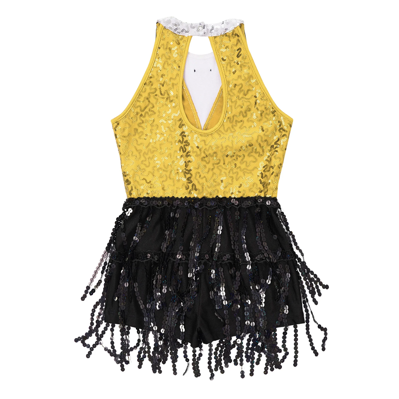 Kids Girls Latin Jazz Dance Dress Sleeveless Shiny Sequin Tassel Boyshorts Leotard Dancewear for Cha-cha Samba Stage Performance