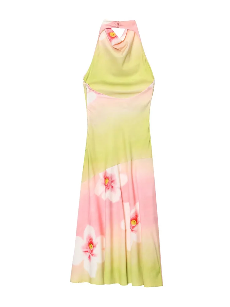 TFMLN Sexy Floral Print Halter Dress For Women Elegant Backless Sleeveless Midi Dresses Female 2025 Summer New Beach Robes