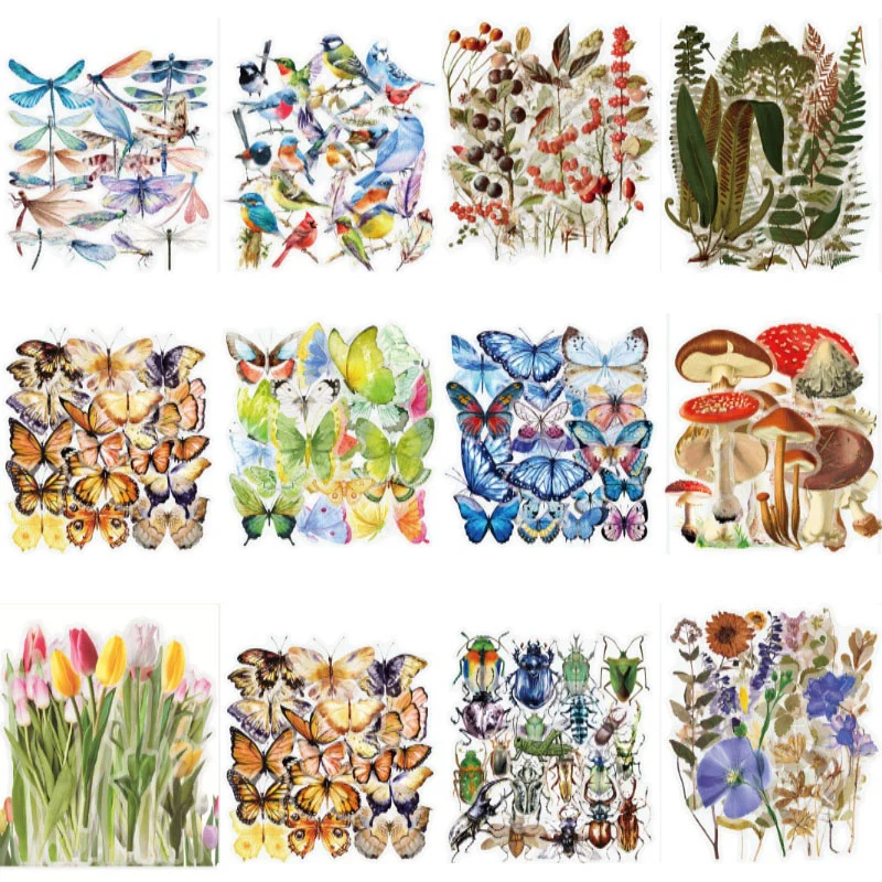 40pcs Flower Stickers Pack Waterproof Transparent PET Tulip Butterfly Stickers DIY Diary Scrapbook and Stamping Album Decorative