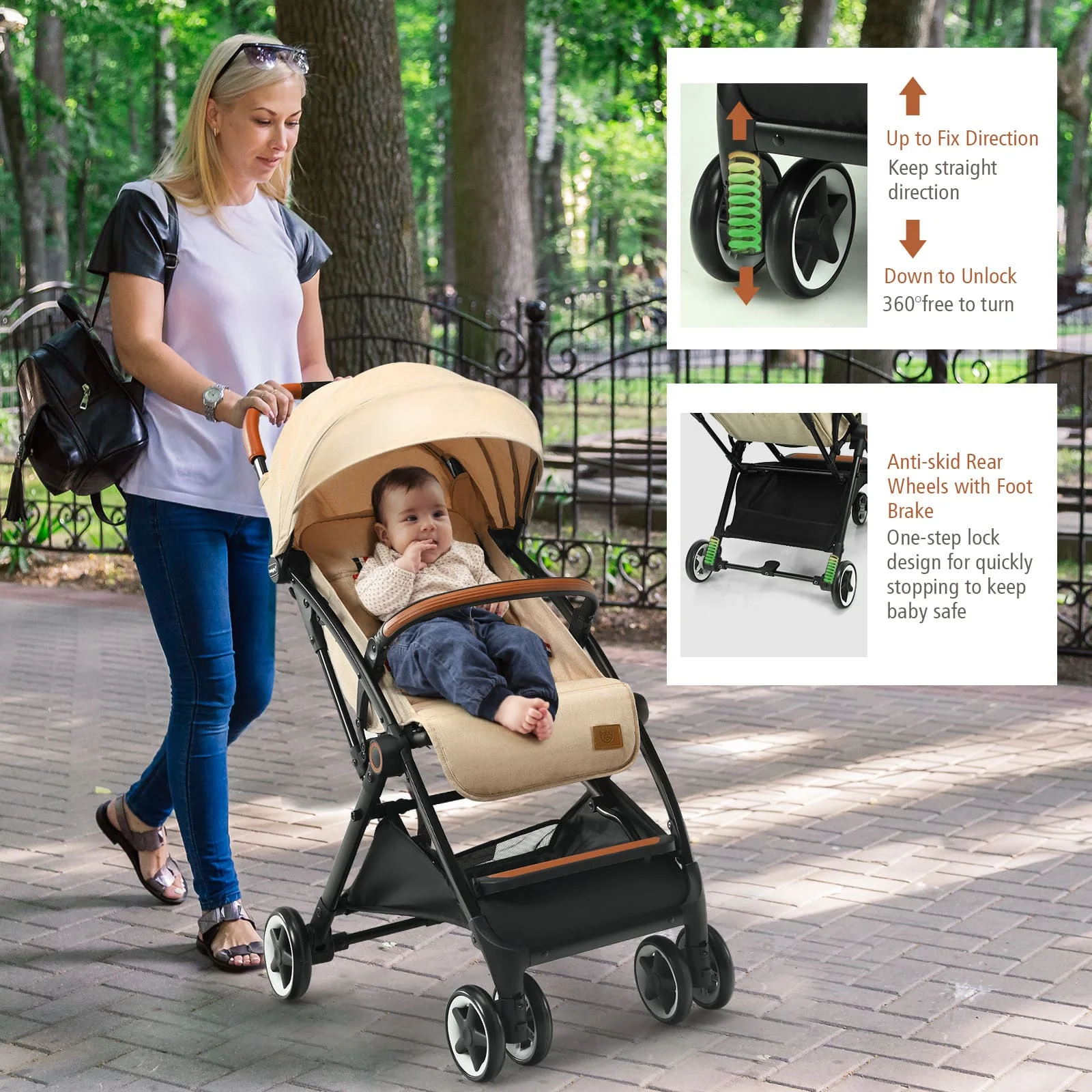 DORTALA Portable Baby Stroller One-Hand Folding Pushchair W/Adjustable Backrest-Beige