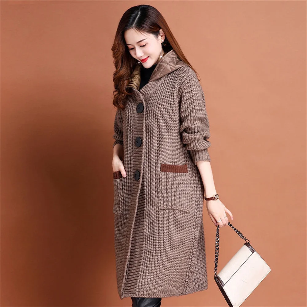 여성용 후드 가디건 스웨터, 후드 분리형 디자인 니트 코트, 니트 코트, 레이디 롱 재킷 코트, 가을 겨울 패션, 한국 신상