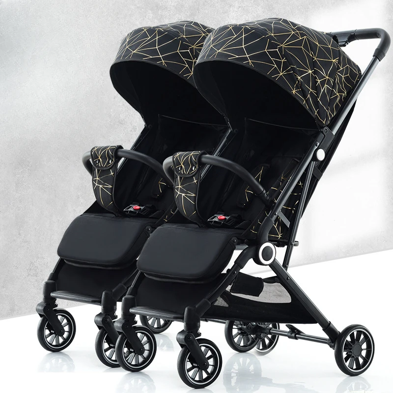 Double Bassinet Stroller for Twins, Split-Adjustable Reclining Seats, Ultra-Light Foldable High-View Pram with One-Key Collapse