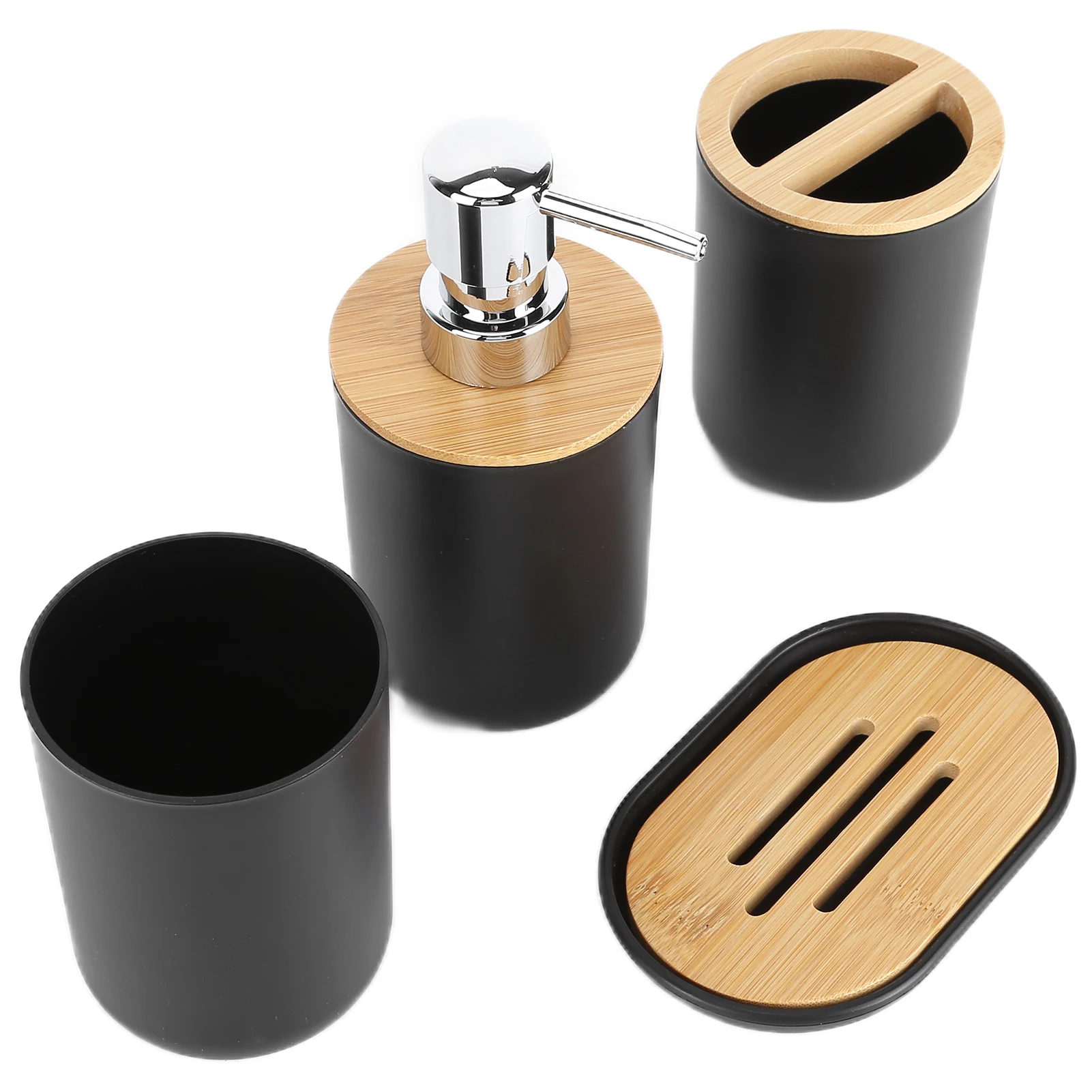 Bamboo Waterproof Bathroom Accessory Set Toothbrush Holder Dispenser Image 4
