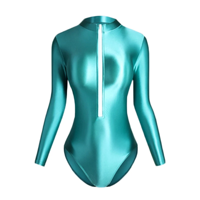 XClocKNYoung Satin-Badeanzug mit glänzender Oberfläche, eng anliegend, mit Reißverschluss vorne und hinten, zwei Ausführungen, hoher Schlitz, glänzender Satin, langärmliger Badeanzug, Unterteil – Detail 1