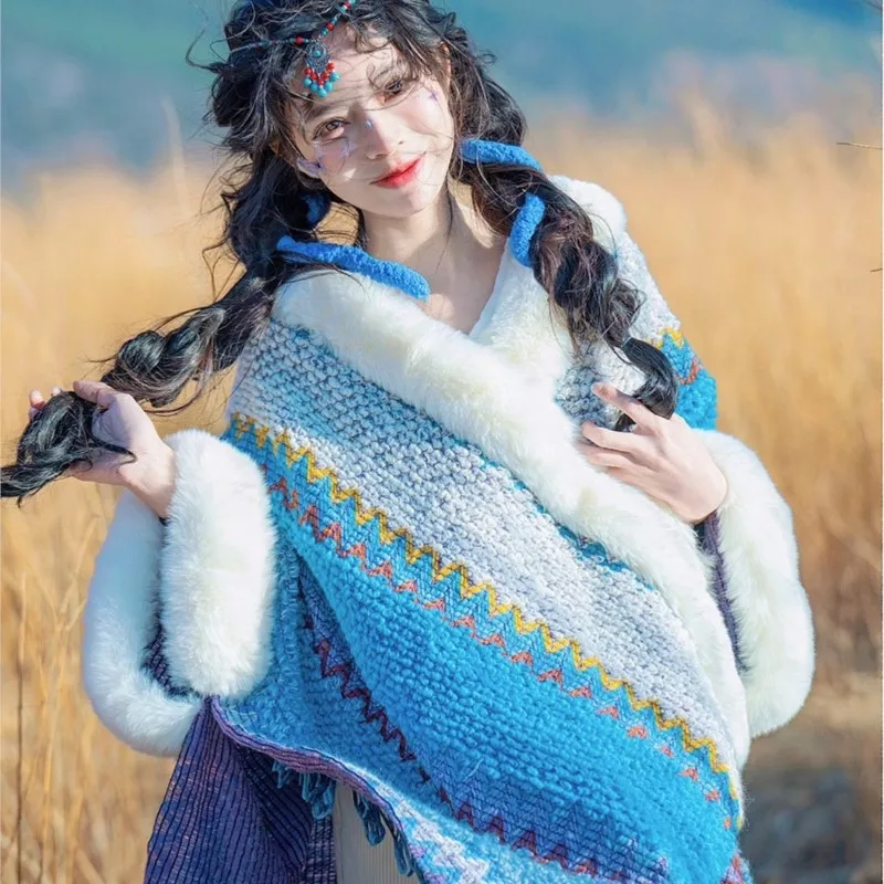 Ethnic Style Cape Fur Collar Yunnan Shawl Temperament Female Tibet Travel Outer Wear Cloak iridescent rooster hackle natural feather collar cape stole shawl collar shrug cape festival feather shawl with ribbon ties