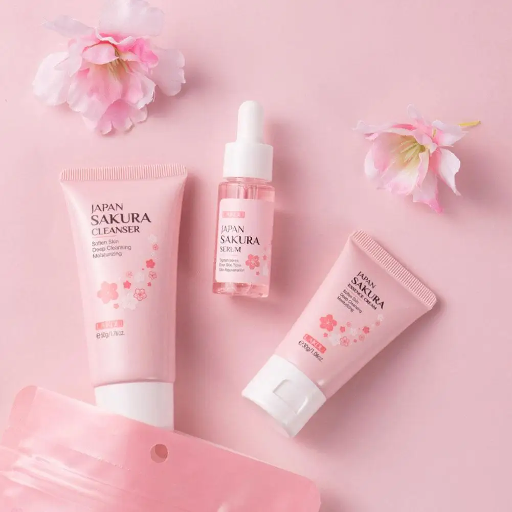 Sakura Skin Care Set - Cleanser Serum Eye Cream Facial Cream  Sunscreen Travel Kit for Women