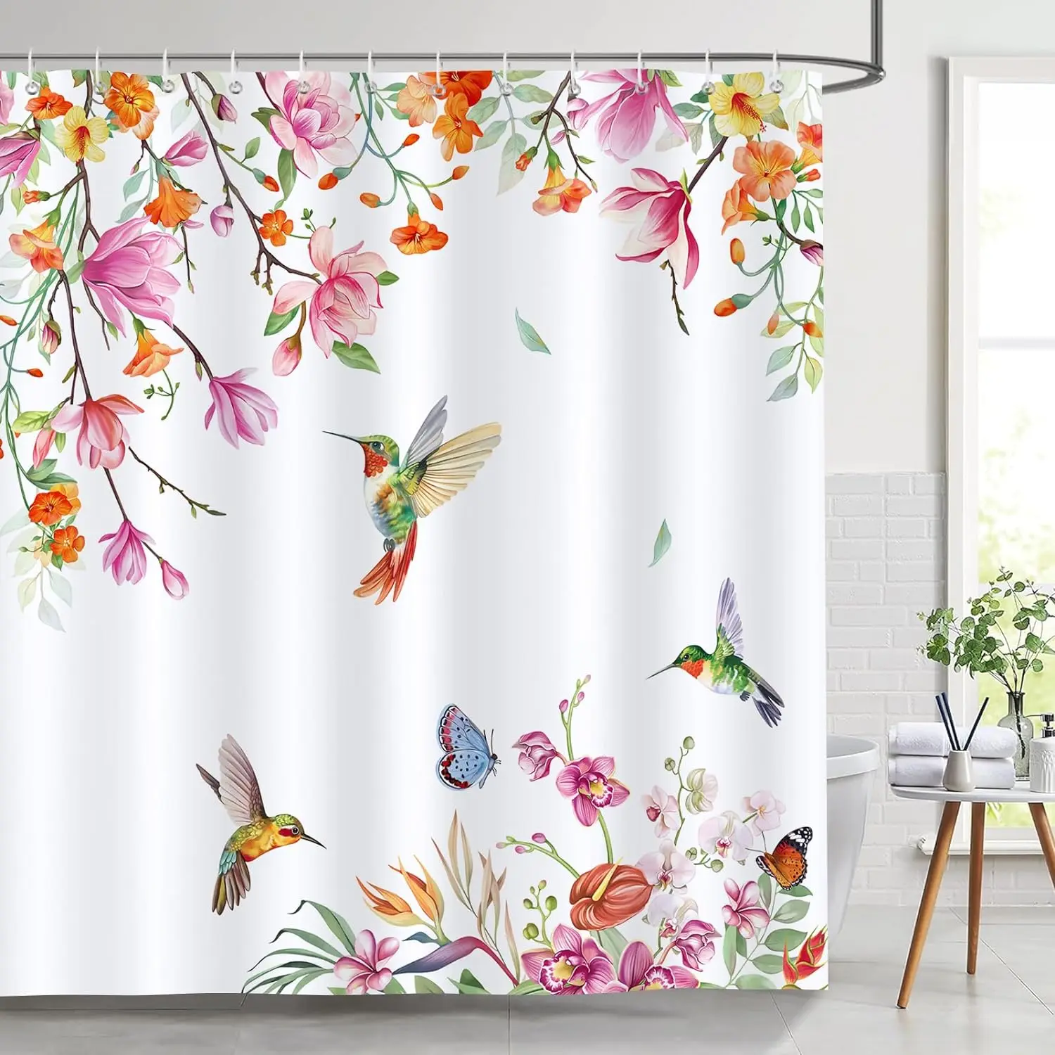 Spring Greenery & Birds Watercolor Shower Curtain – Polyester Bathroom Decor with Hooks