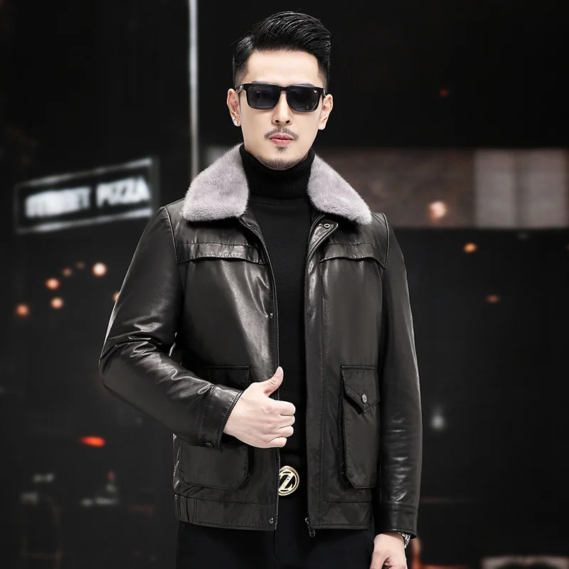 

Winter Men's Genuine Leather Jacket Men Real Goatskin Mink Fur Collar Detachable Down Inner Warm Jackets Male Clothing FCY4804