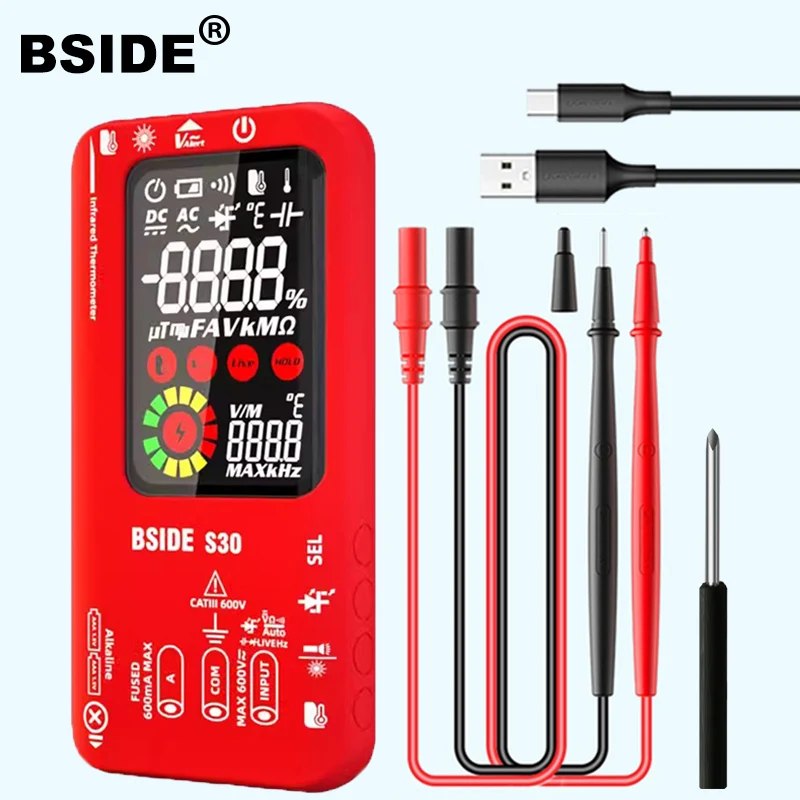 

BSIDE S30 Auto Range Smart Digital Multimeter 15V Diode 9999 Counts True RMS Capacitor Ohm Hz NCV AC DC Voltage Current Tester