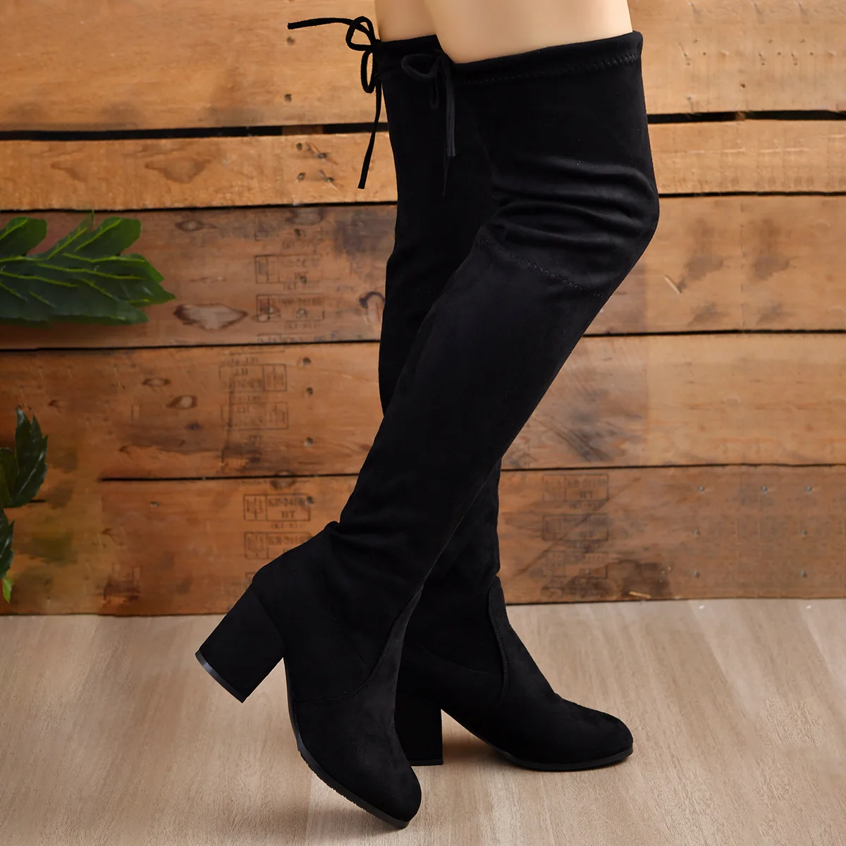 Fashion Faux Suede Female Heels Autumn Winter Elastic Knee-high Boots Women Tube Lace-up Thigh High heeled thick heeled Boots