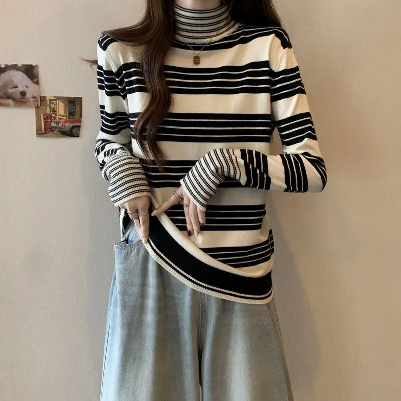 

Women's Autumn Winter Fashionable Elegant High Necked Pullover Long Sleeved Striped Bottom Shirt Casual Versatile Commuting Tops