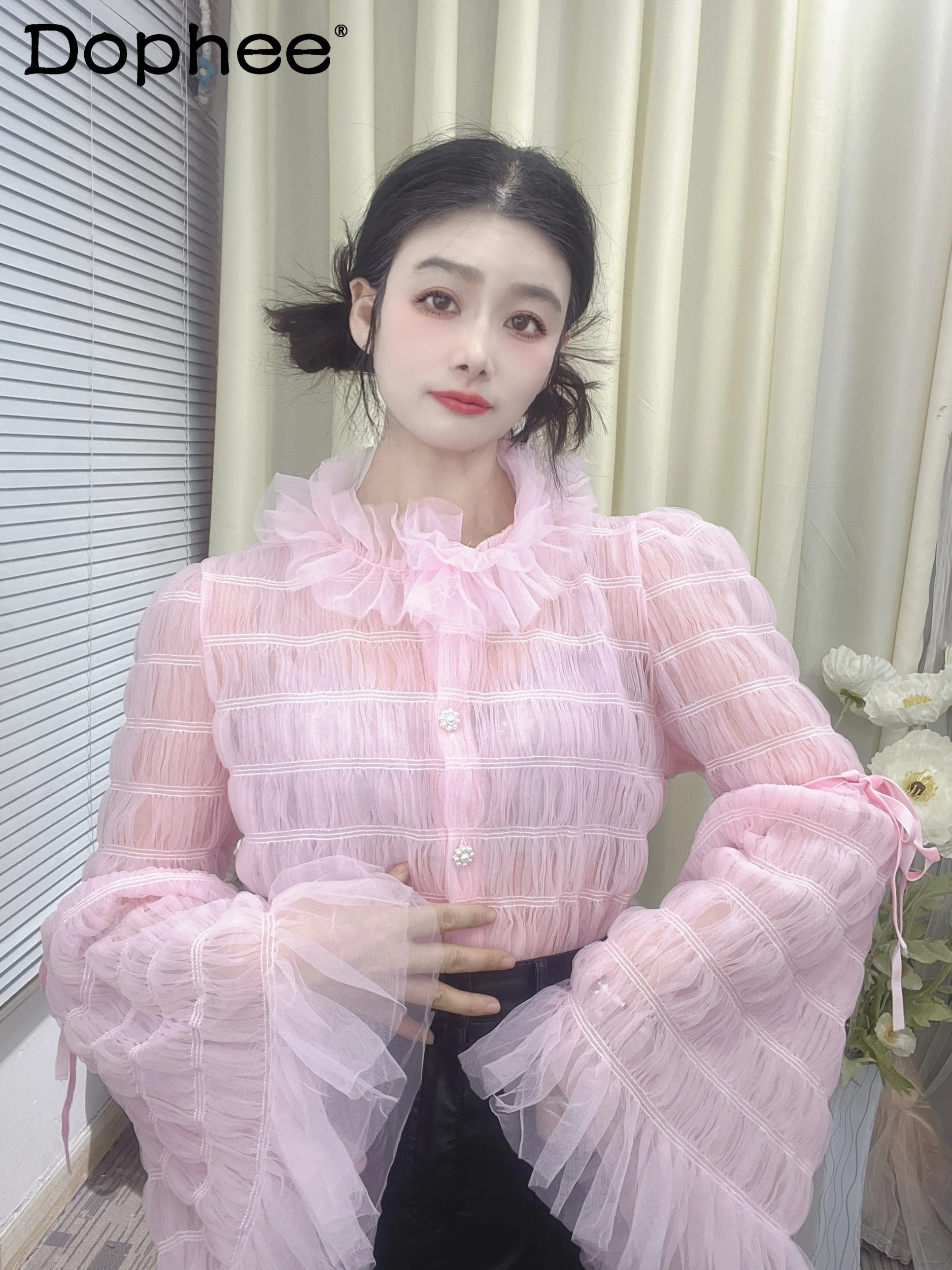 

Korea New High Neck Bell Sleeve All-Match Top Blouse Women 2024 Spring New Sweet Ruffled Lace-up Single-Breasted Shirts Female