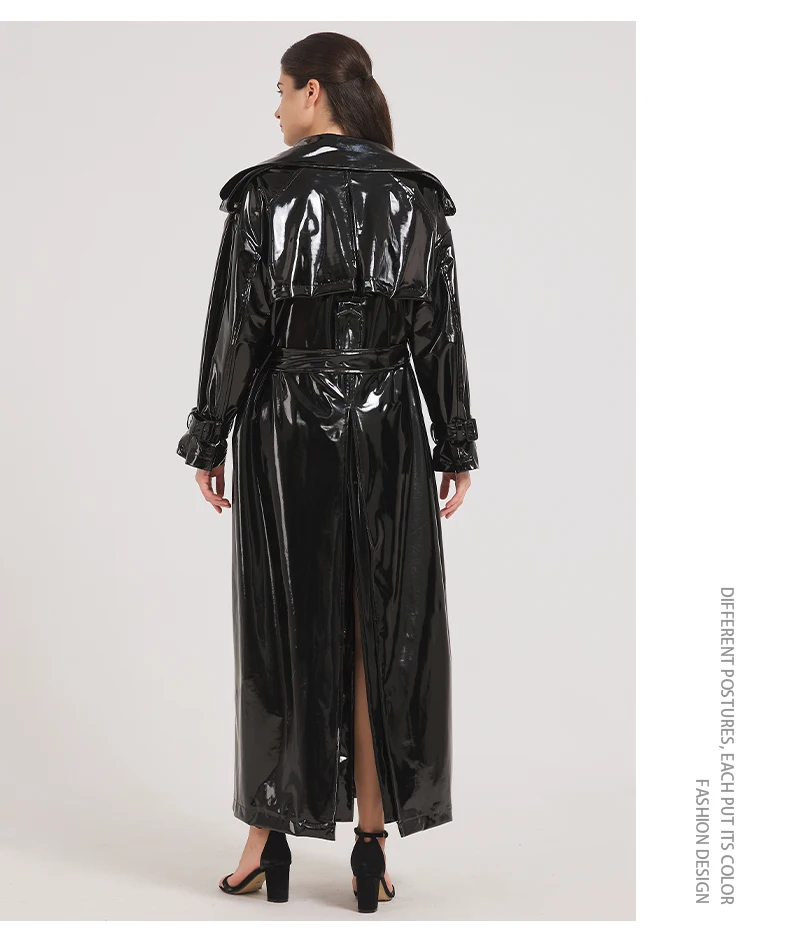 Lautaro Spring Autumn Extra Long Black Shiny Reflective Soft Stretchy Patent Leather Trench Coat for Women Maxi Overcoat 2024