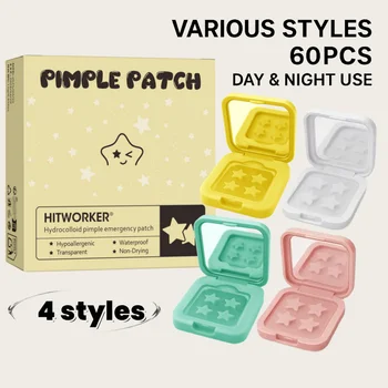 60pcs Star Acne Patches, 4 Colors, Hydrocolloid Cover, Mirror Case Included