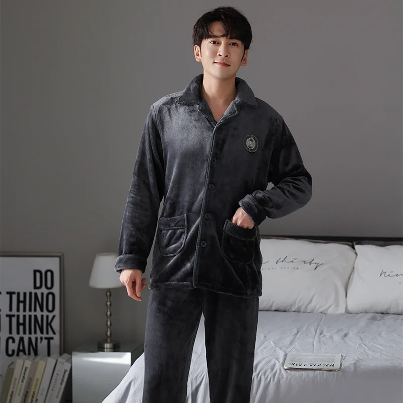 

Пижама фланелевая Мужская Утепленная, однотонная Повседневная Свободная Домашняя одежда с длинным рукавом, коралловый флис, одежда для сна, Осень-зима