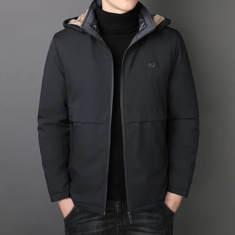 high quality  winter hooded jacket and coat for men zipper plush lining big size new 2023 causal outerwear clothing - black grey