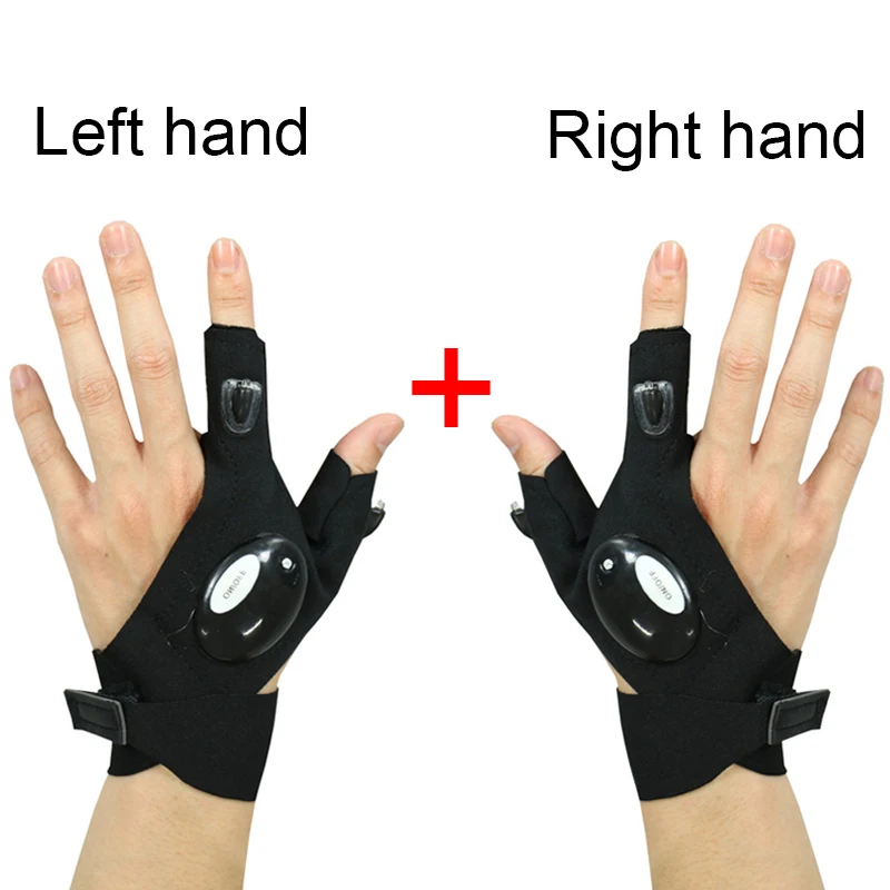 

1 Pair Outdoor Fishing Magic Strap Fingerless Gloves Night Light Waterproof Fishing Gloves with LED Flashlight Rescue Tools