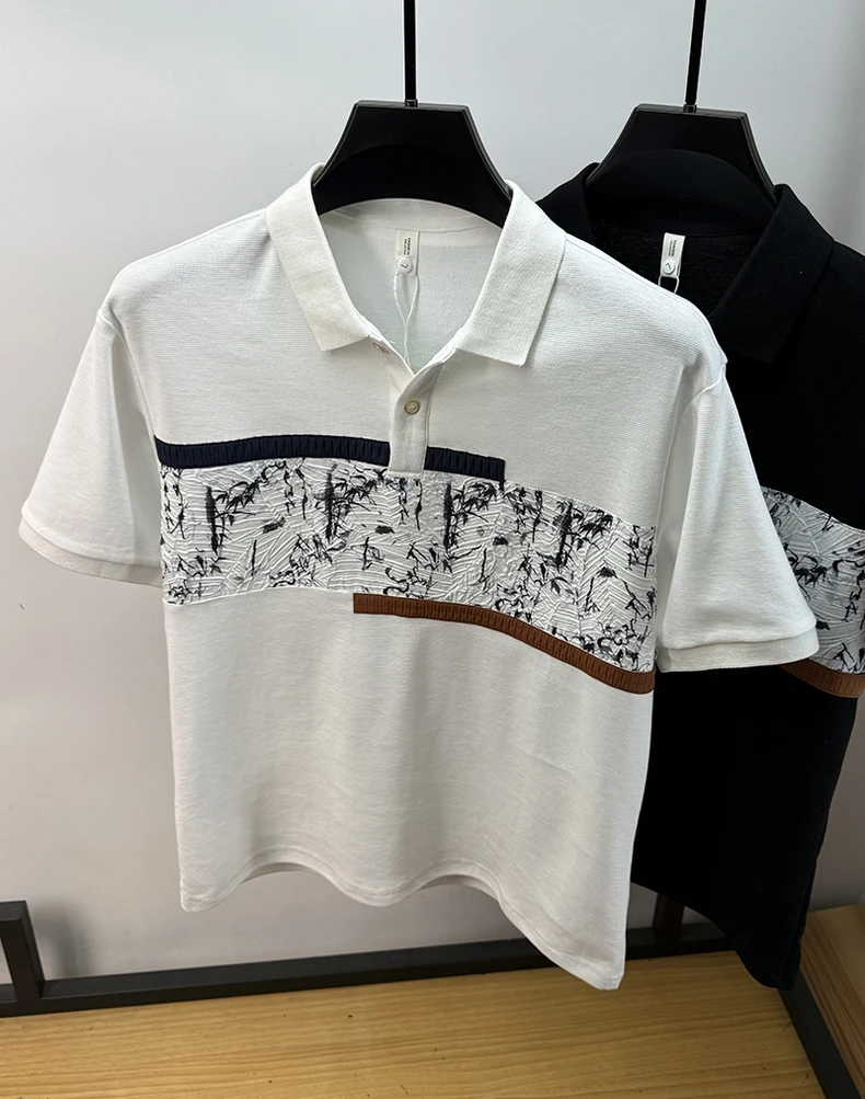 High quality fashion men's short sleeve polo shirt trend personalized patchwork stripes luxury comfortable lightweight T-shirt 19 Sfa7fe7b4de64403d8ba83fb2eef75f54C
