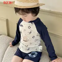 Children Swimsuit Set Baby Boys Quick-drying Long Sleeve Cartoon Swimwear Hat Short Swimming Trunks Split Bathing Suit