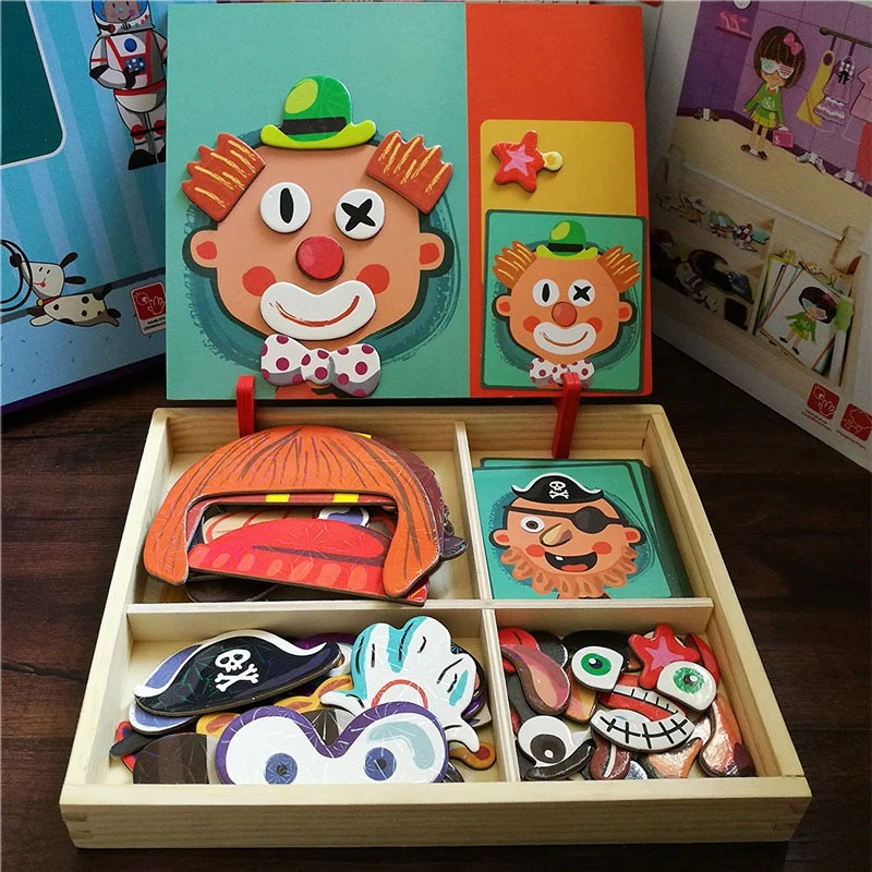 100+Pcs Wooden Magnetic Puzzle Toys Children 3D Puzzle Figure/Animals/ Vehicle /Circus Drawing Board Learning Wood Toys Gifts