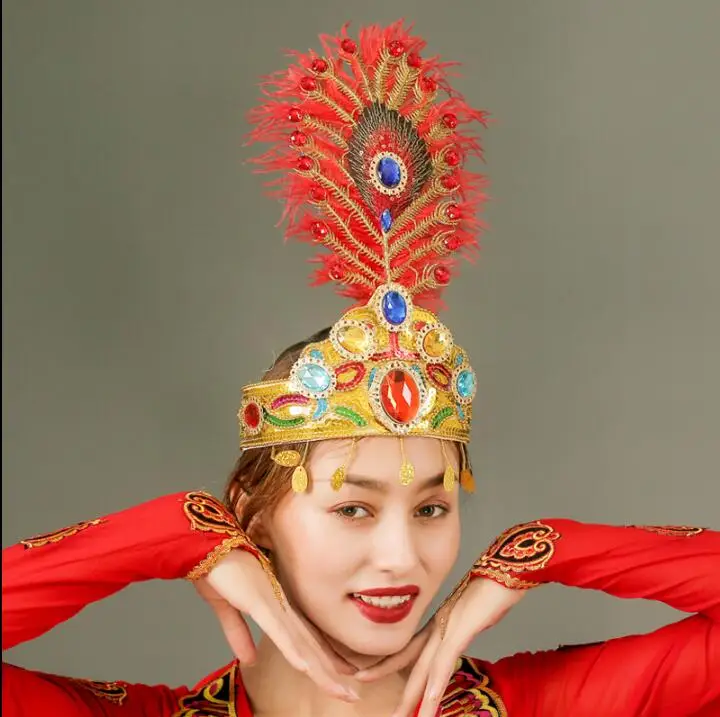 

Chinese Xinjiang Dance Headdress Peacock Feather Hat Uygur Folk Cap Shiny