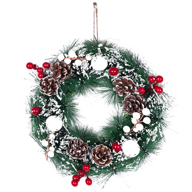 Christmas Decoration Wreath For Front Door, Wall Hanging Snowball Red Berry Pine Cone Garland Ornament For Xmas Party round natural rattan ring christmas garland hanging ornament diy door wall wreath wedding decoration home xmas party decor